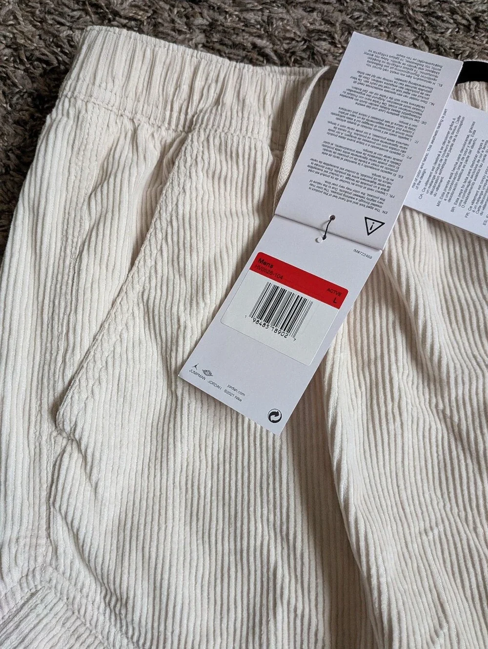 NWT Jordan Ivory Corduroy Cotton Chicago Cargo Pants Men's L
